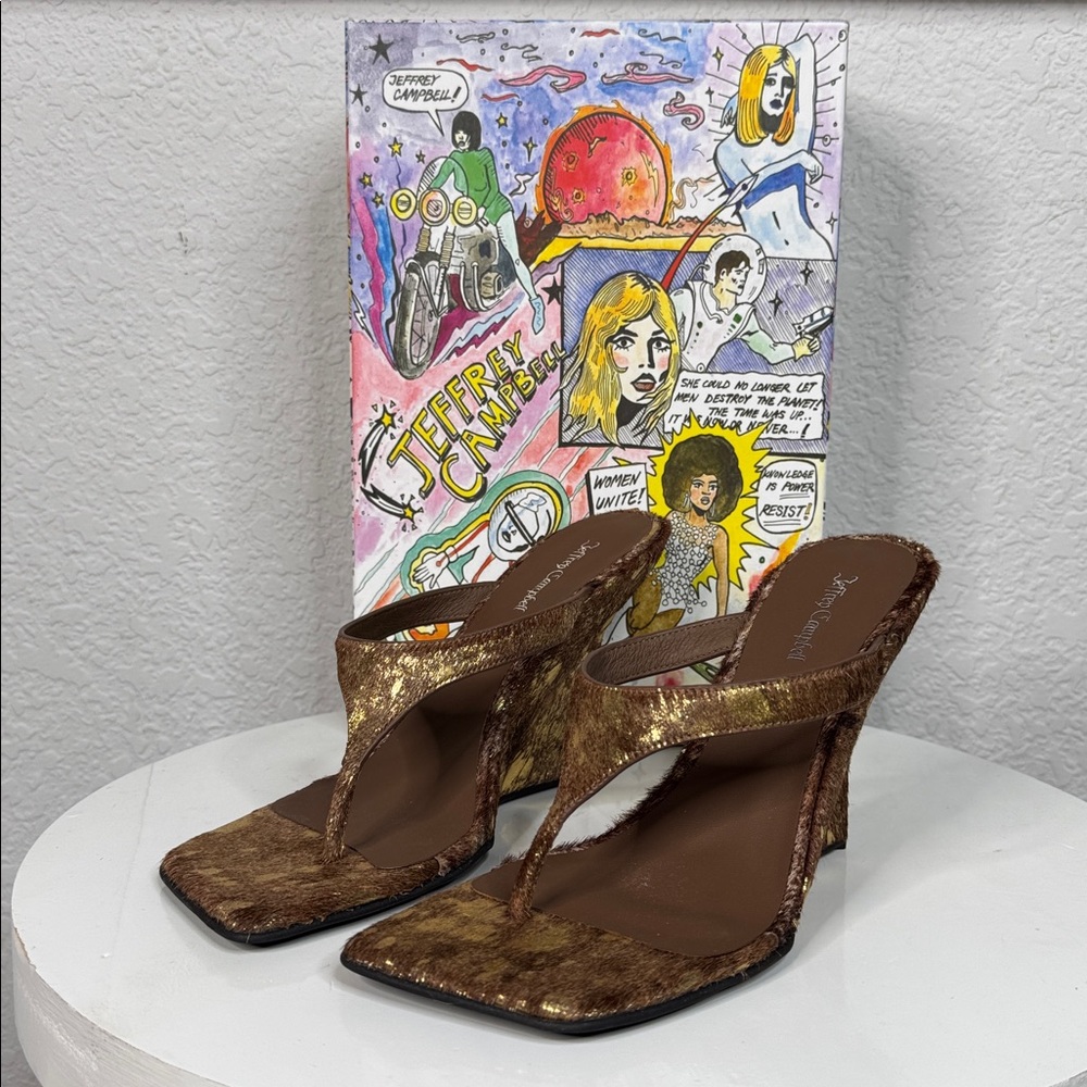 JEFFREY CAMPBELL ROMEE F CALF HAIR SCULPTED WEDGE SANDALS BROWN GOLD SPOT *NIB* - Picture 4 of 15
